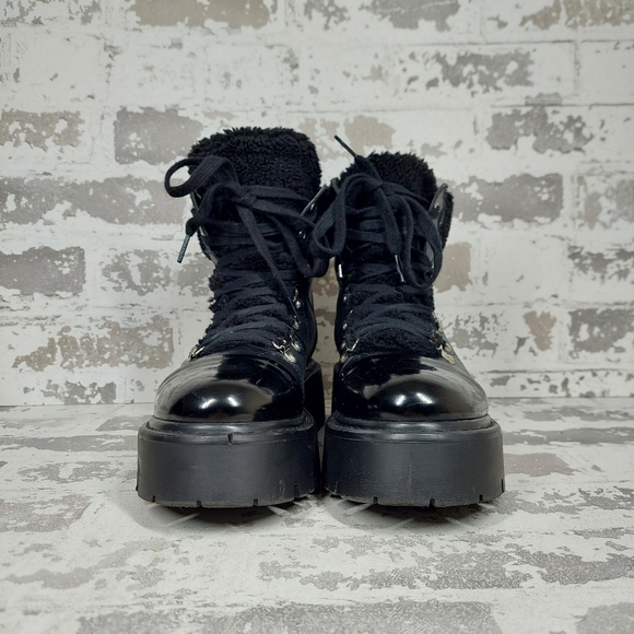 NEW Steve Madden Colleta Platform Black Leather Lace Up Boots W283 - Picture 3 of 9